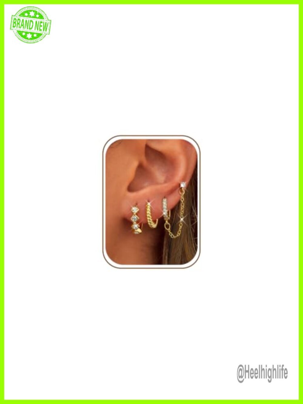 3 Pairs Dangle Hoop Chain Earrings Stack Set 14K Gold Plated Huggie